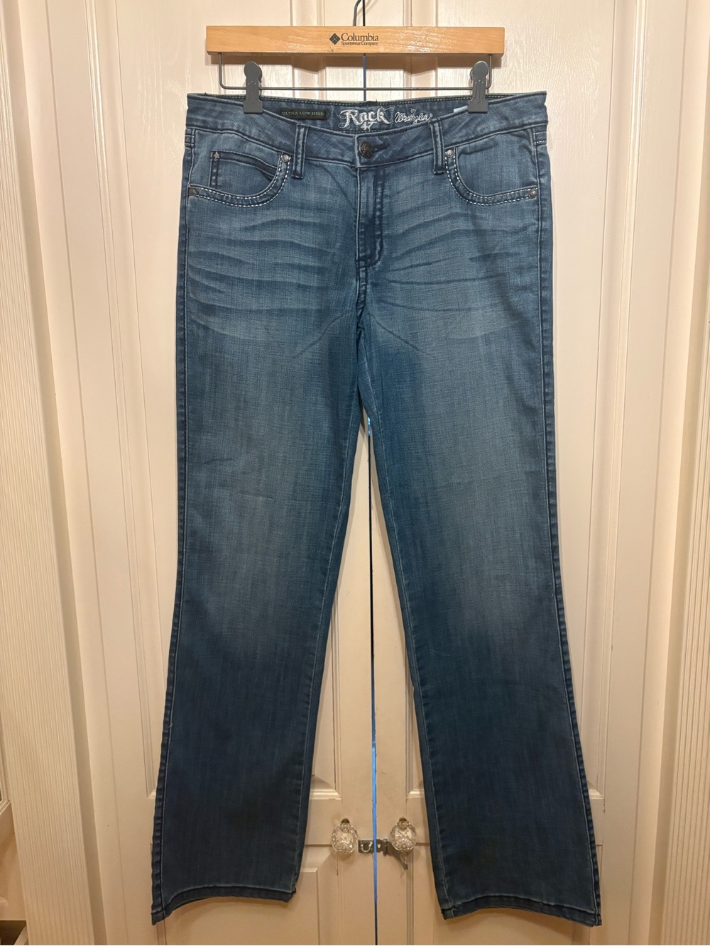 Y2K~ Rock 47 by Wrangler Blue Denim Ultra Low Rise Jeans Bootcut size 30x34